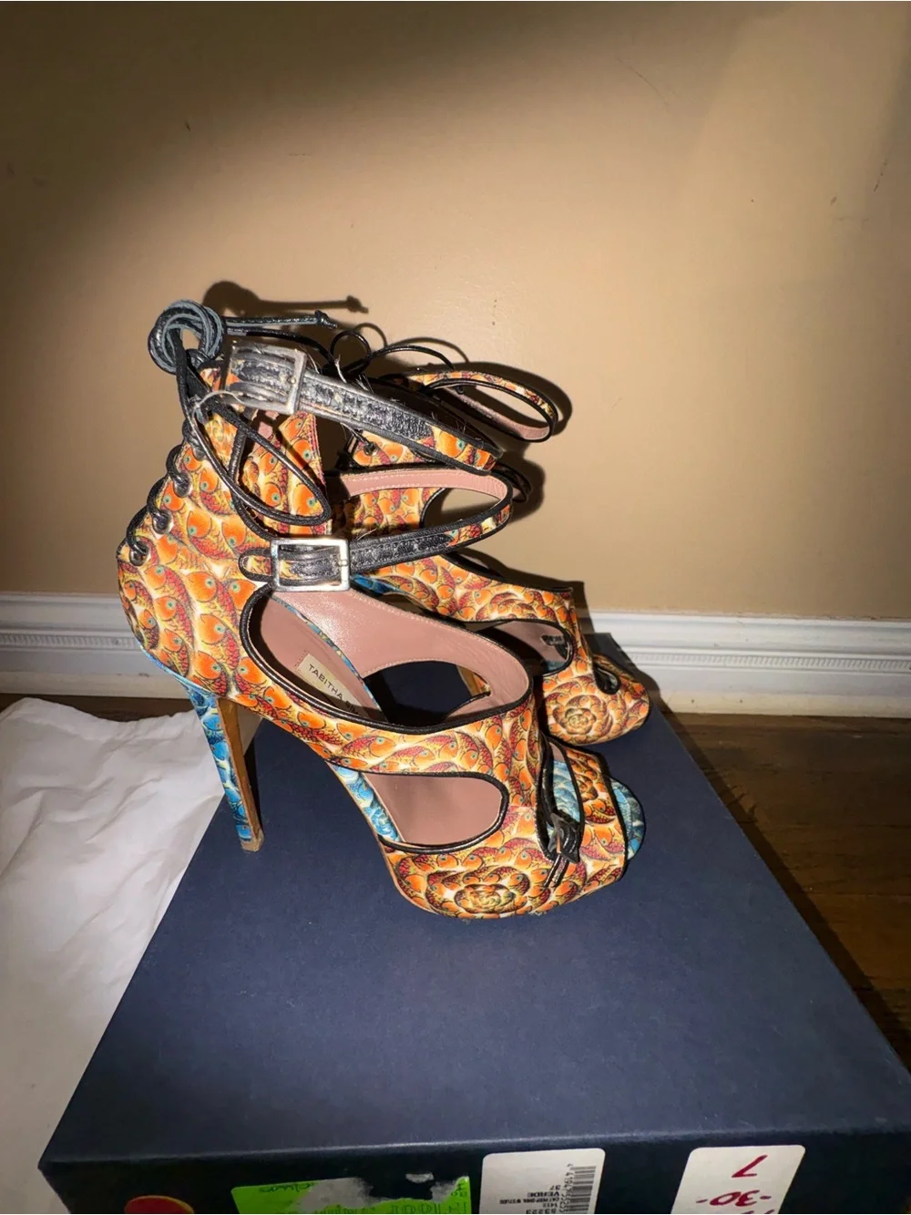 Tabitha Simmons Orange and Blue Patterned Strappy Heels